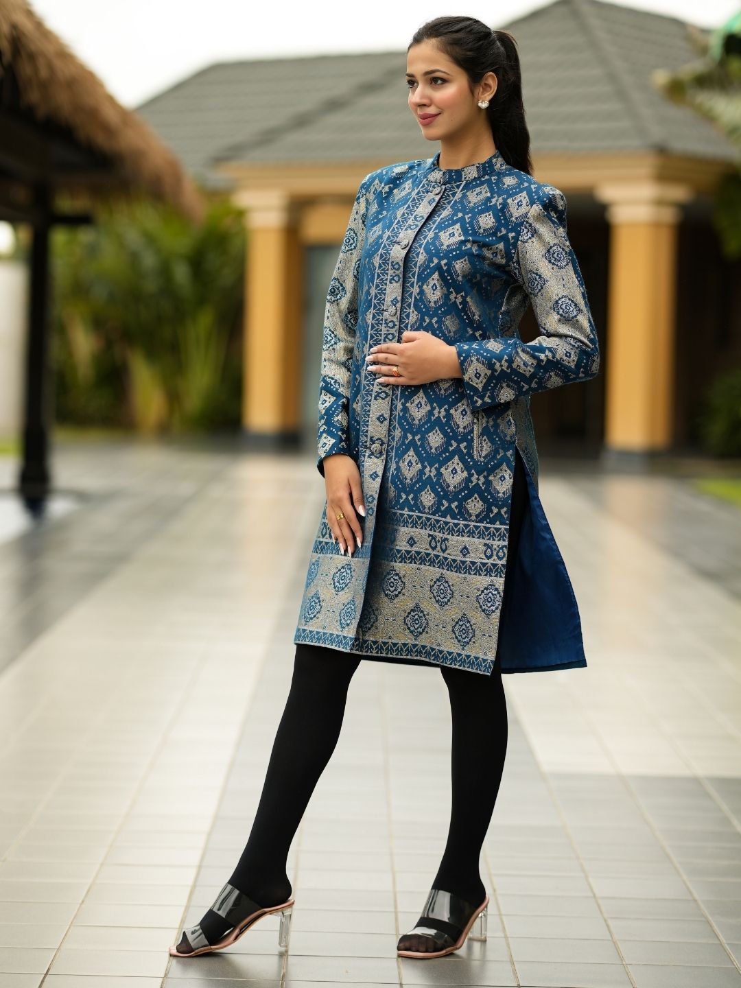 Timeless Glamour Blue Long Coat with Zari Detailing