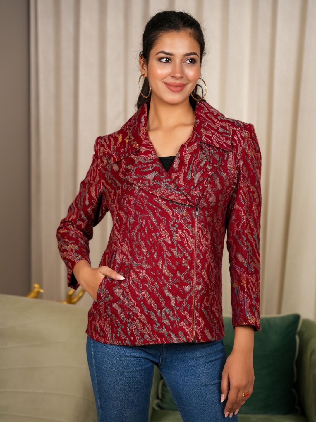 Maroon Ocean Wave Textured Jacket