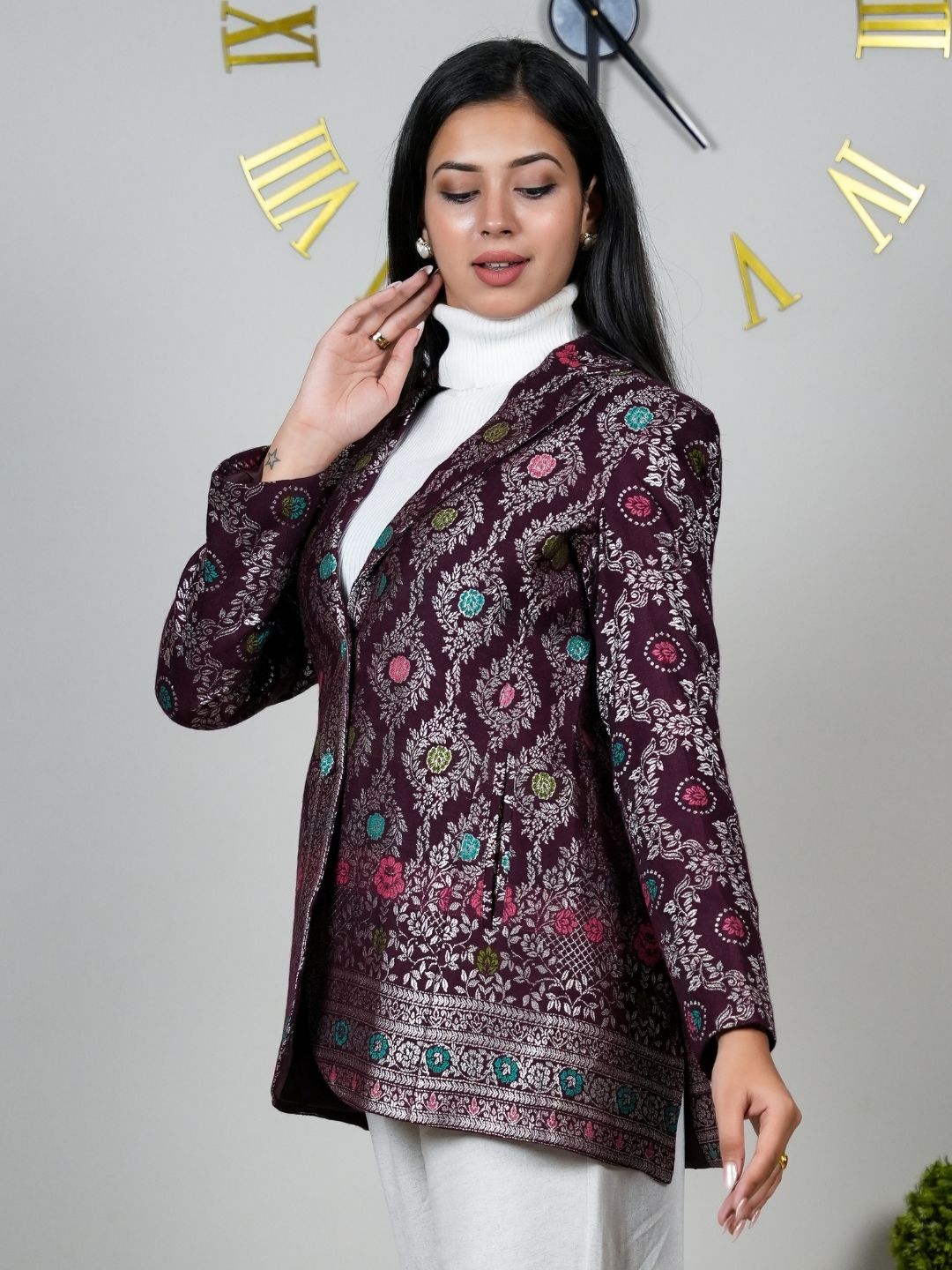Opulent Wine Coat with Decorative Zari Features