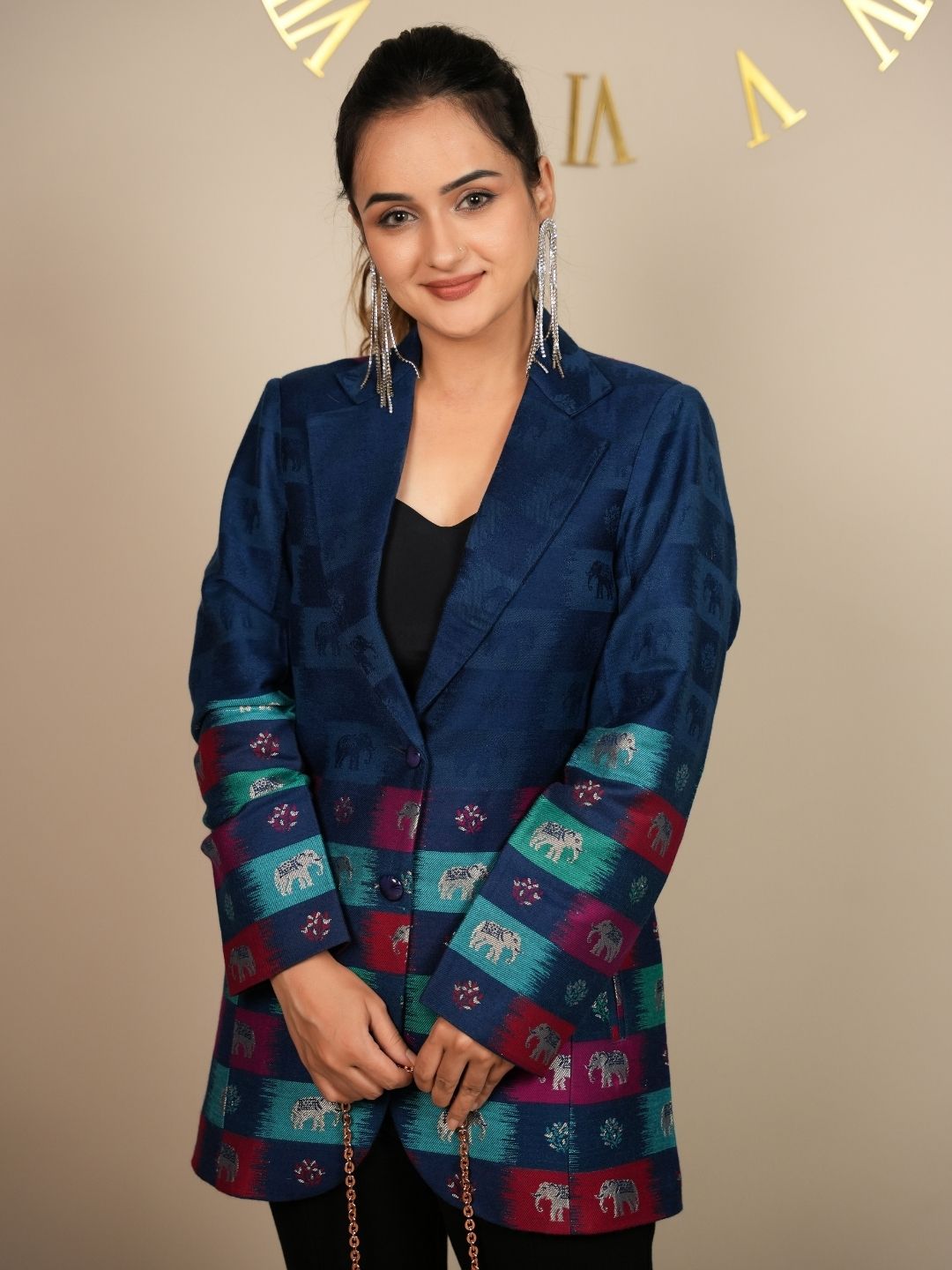 Majestic Blue: Elephant Zari Coat with Colorful Embellishments