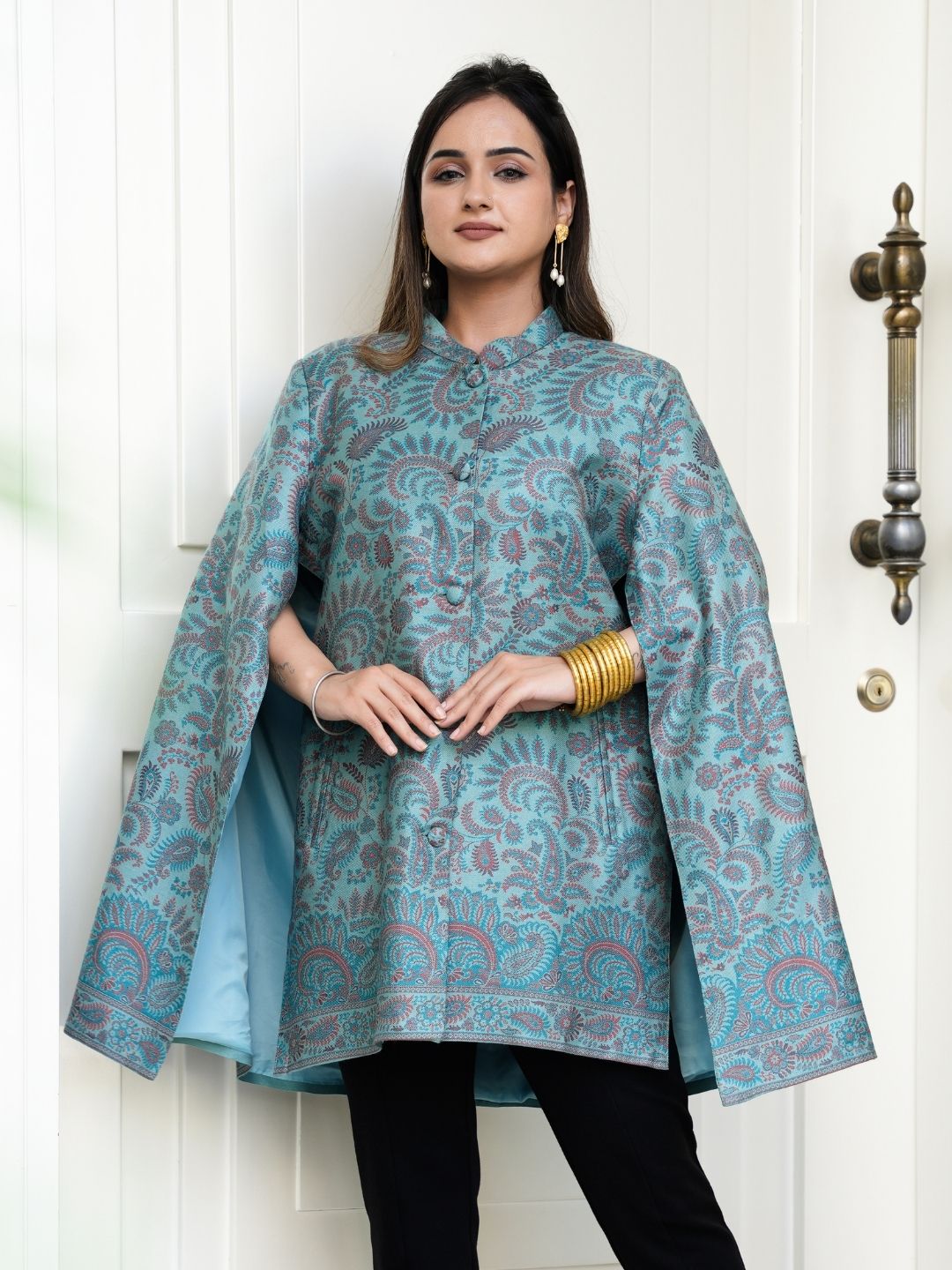 Serene Drapes: Mid-Blue Kaani Cape Coat