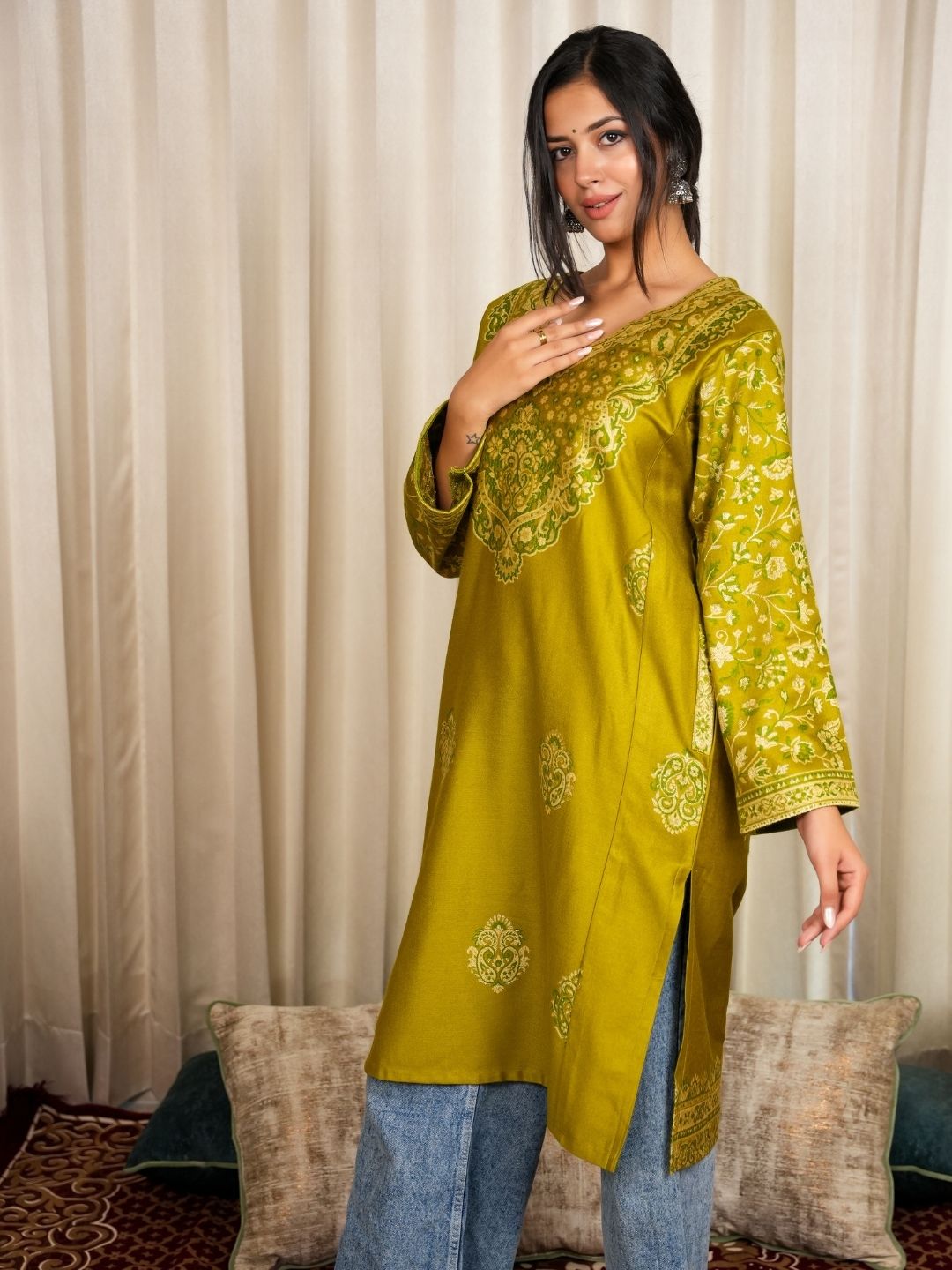 Stylish Olive Phiran Enhanced with Luxurious Zari